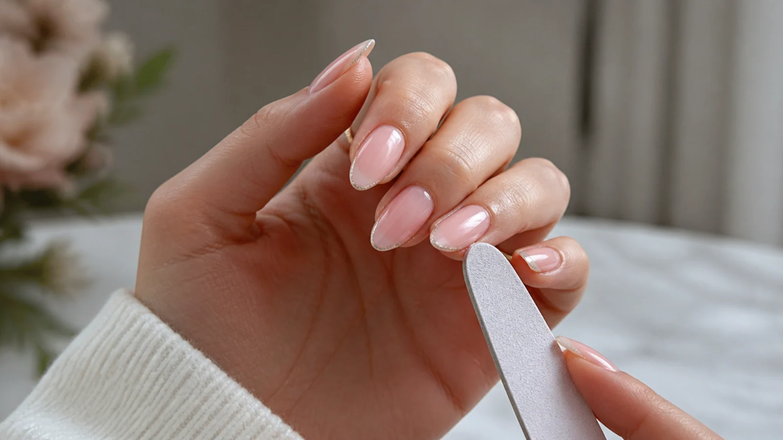 An almond nail being refiled at the tip during a ten day maintenance touch up
