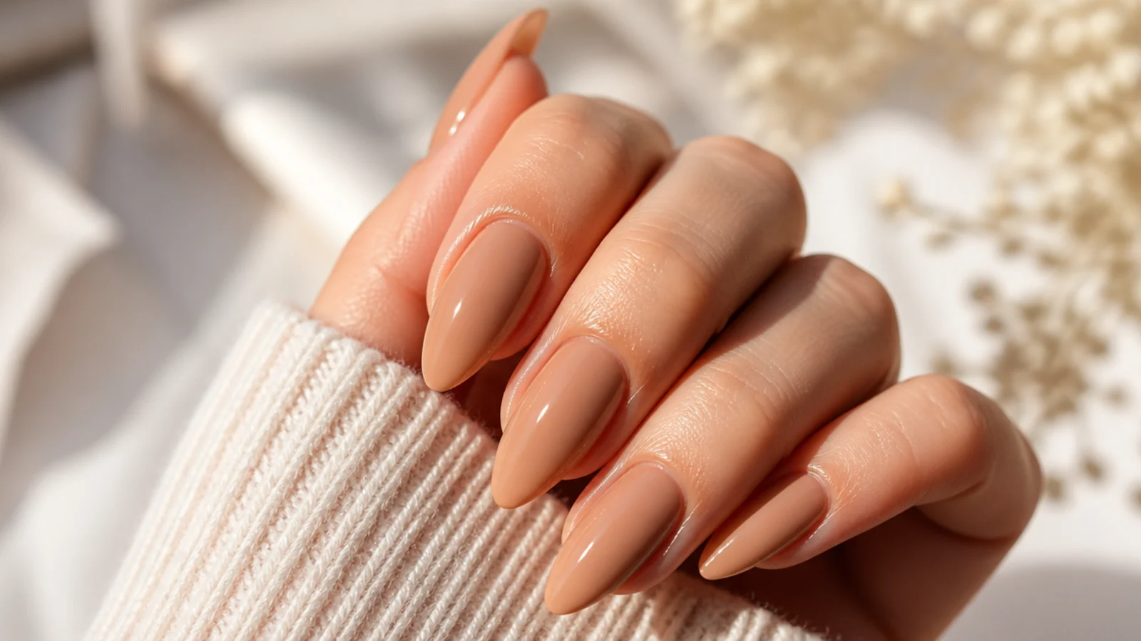 Long almond nails in warm caramel beige with a soft tapered point and high gloss