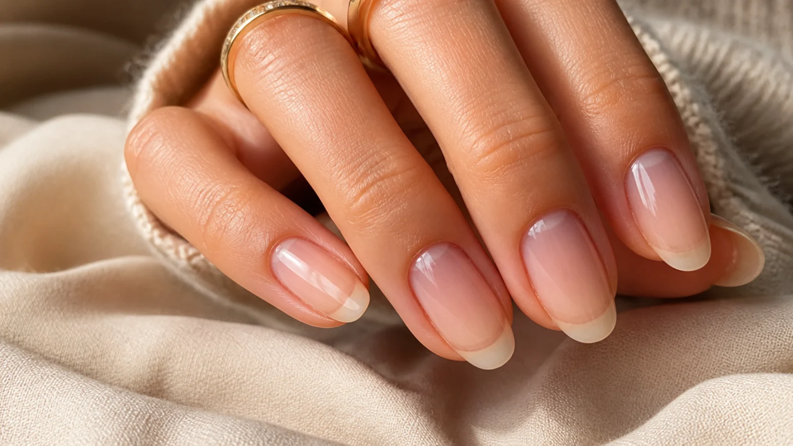 Long oval nails in sheer nude showing the natural nail with a clear rounded free edge