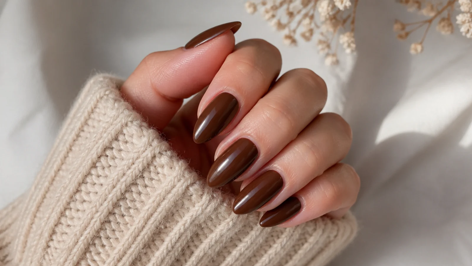 Long almond nails in deep mocha brown with a glossy tapered tip
