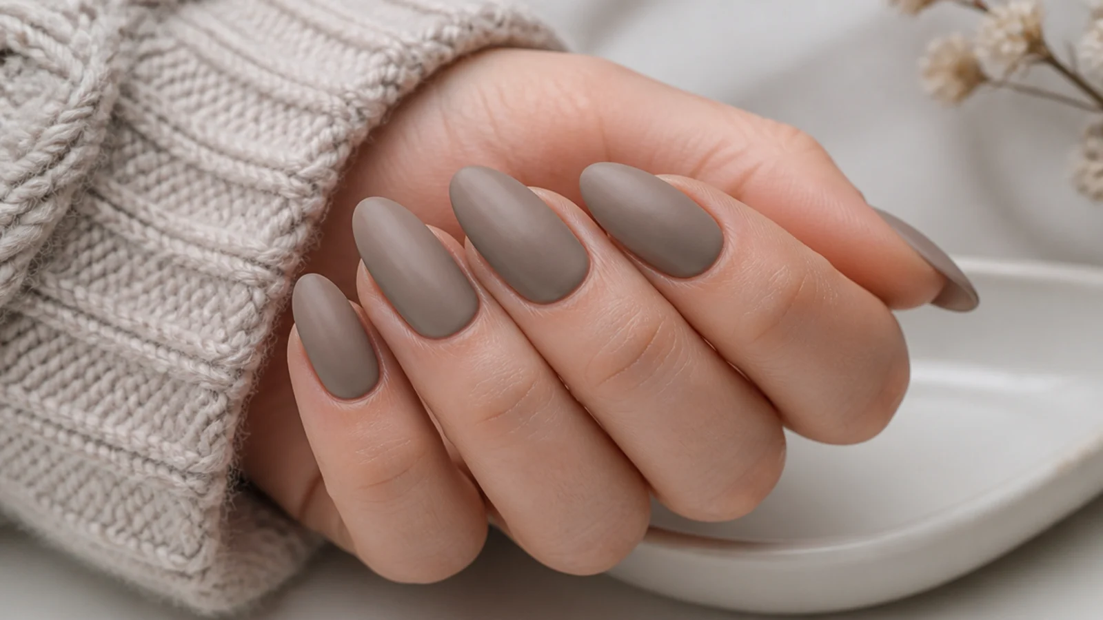 Long oval nails in gray beige with a velvet matte finish and rounded tips
