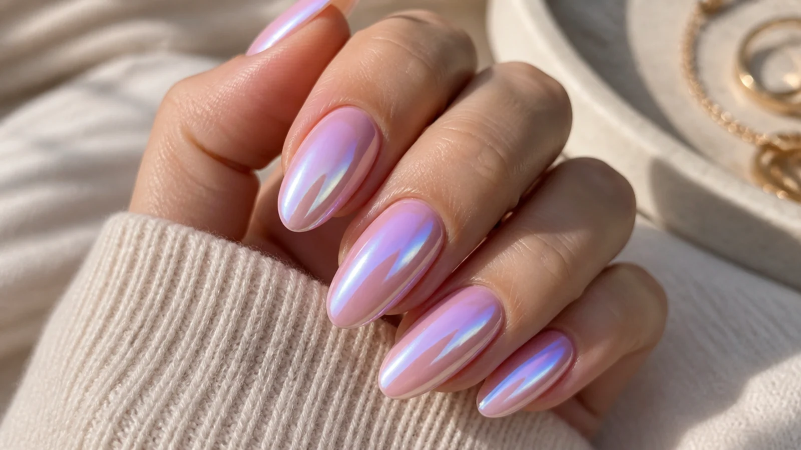 Long oval nails with an iridescent pearl chrome glaze shifting pink and blue