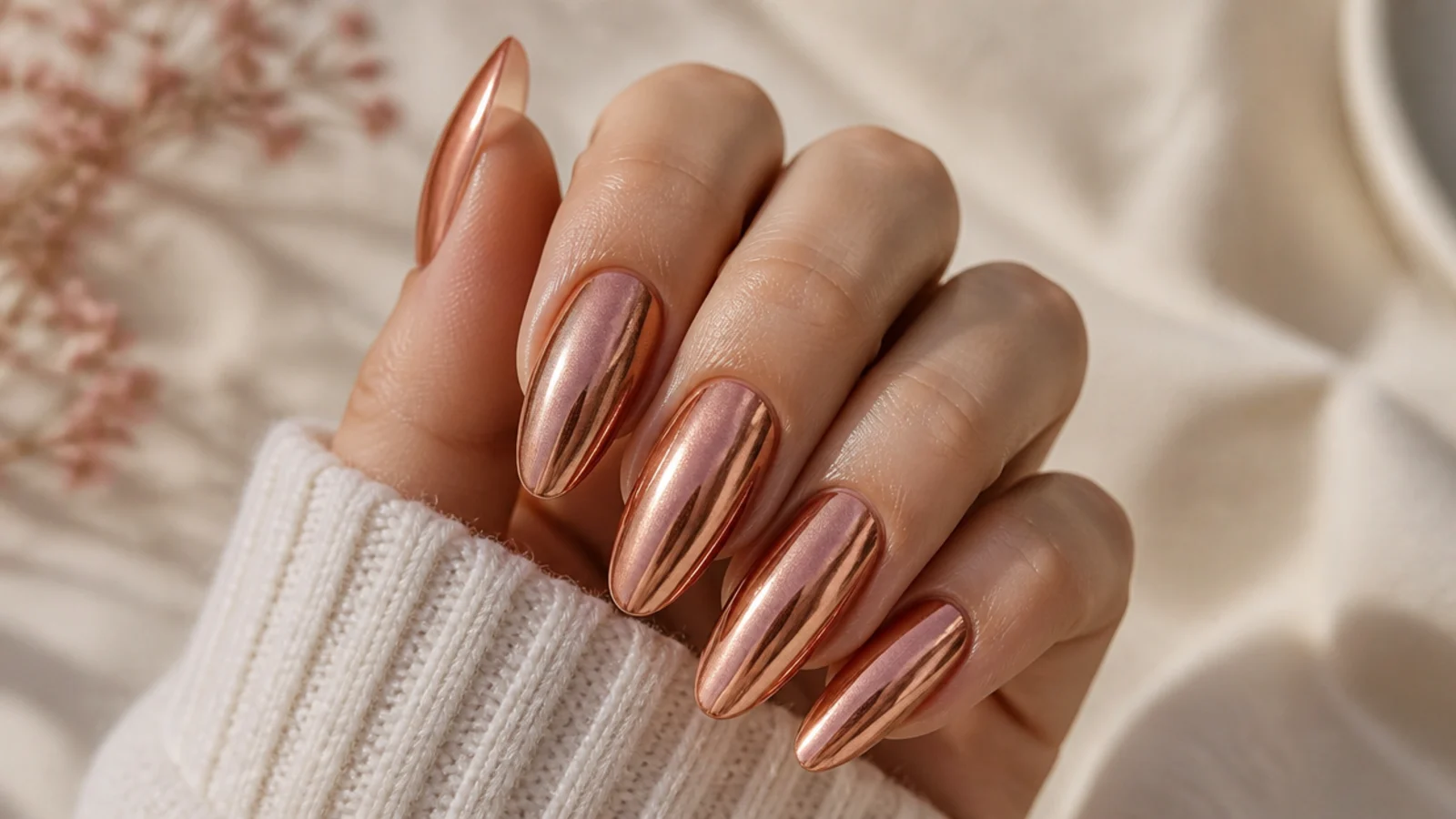 Long almond nails in warm rose gold chrome with a copper metallic sheen