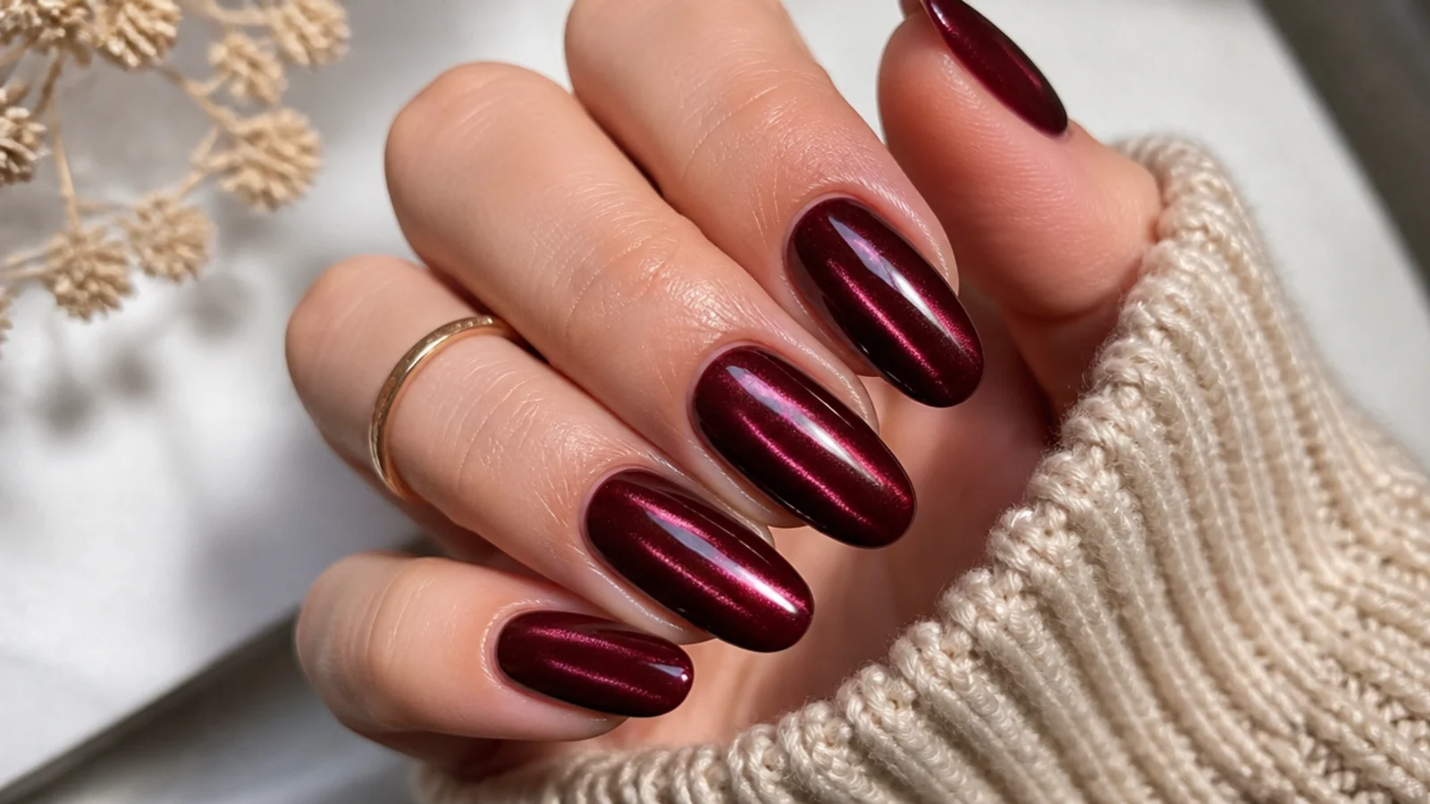 Long oval nails in dark burgundy cat eye gel with a magnetic light streak down each nail