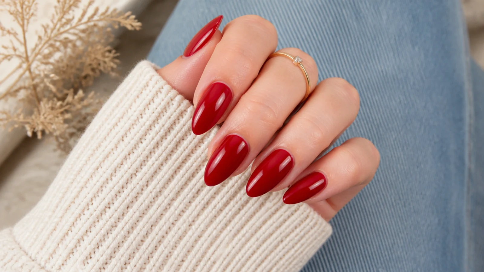 Long almond nails in glossy blue-based cherry red with a sharp tapered point