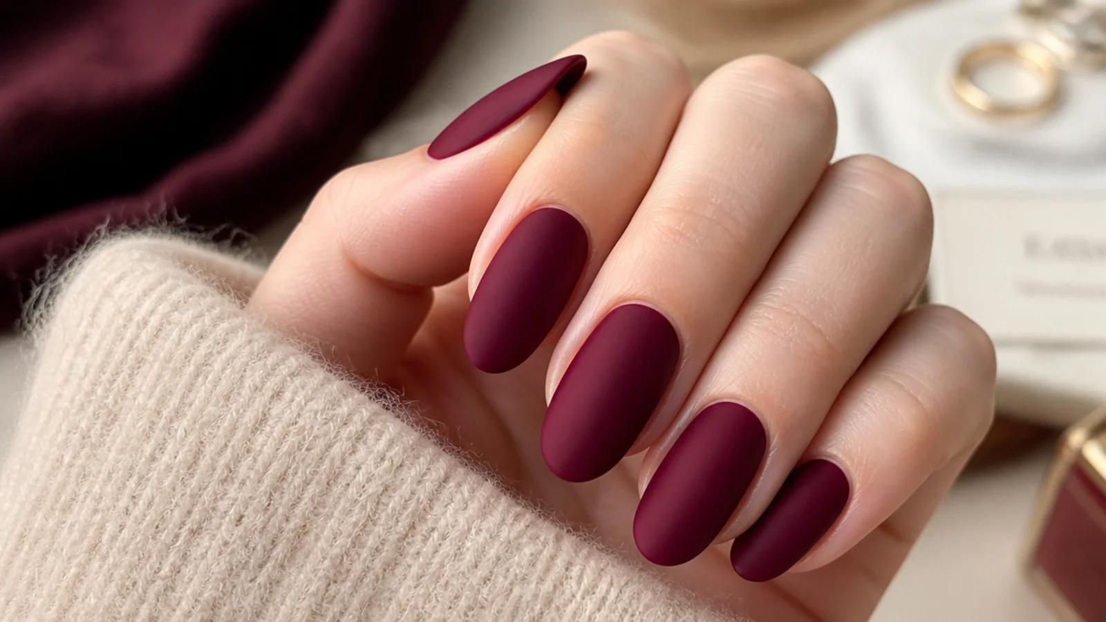 Long oval nails in deep oxblood wine red with a flat velvet matte finish