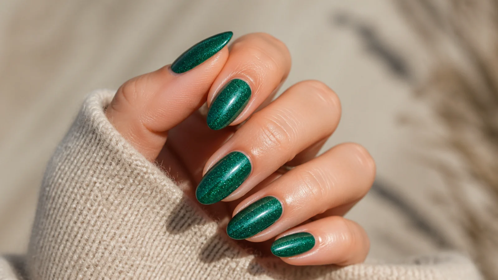 Long oval nails in jewel-toned emerald green with a shimmer finish
