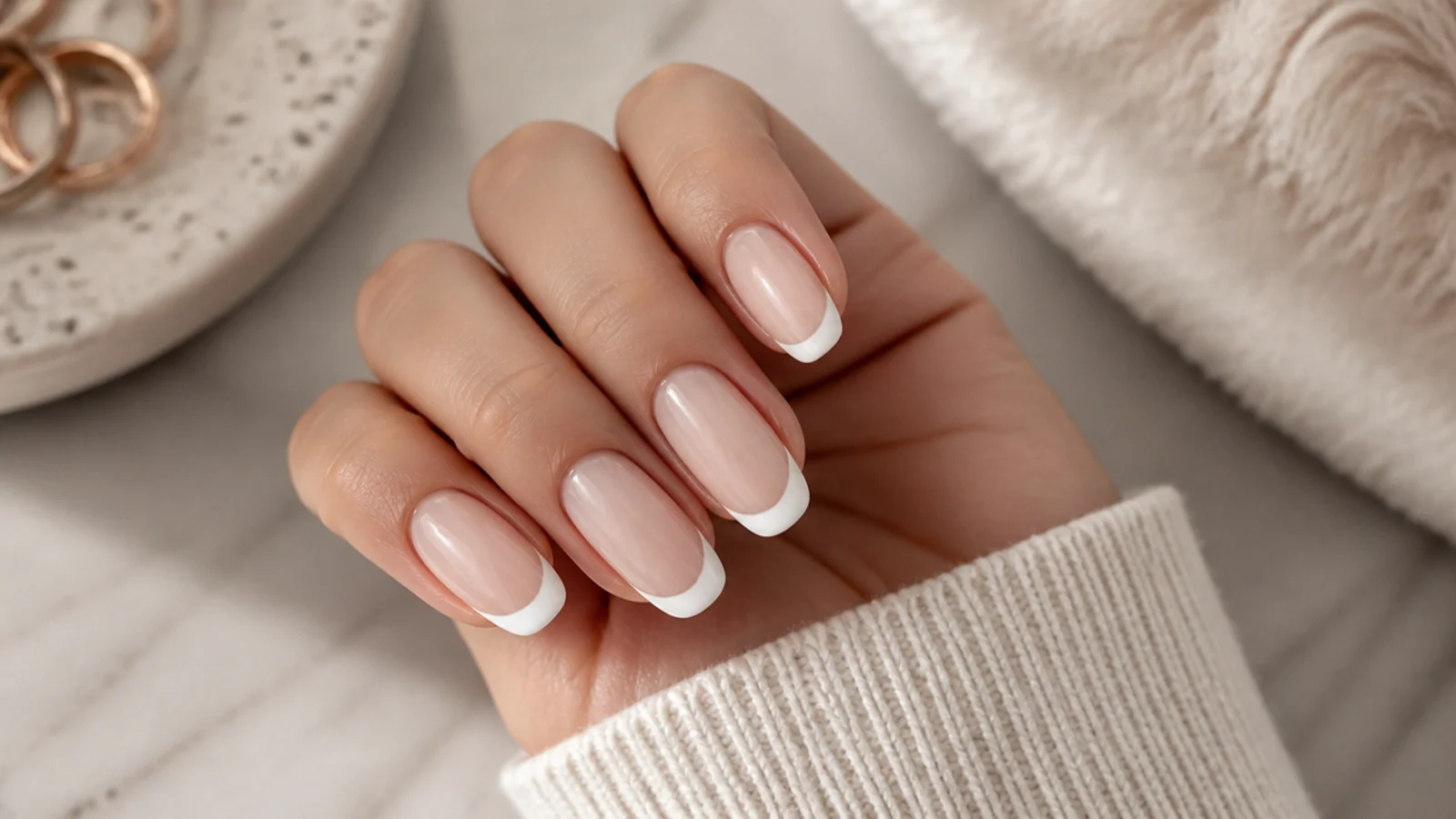Long oval nails with a crisp white French tip following the rounded free edge