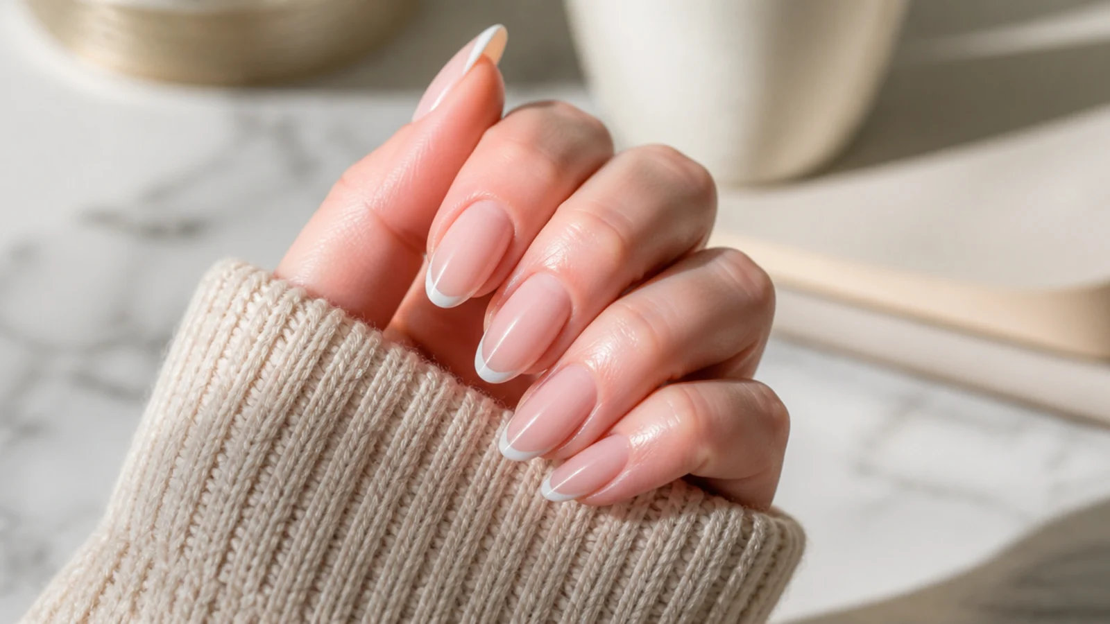 Long almond nails with a hairline white micro French tip over a bare natural base