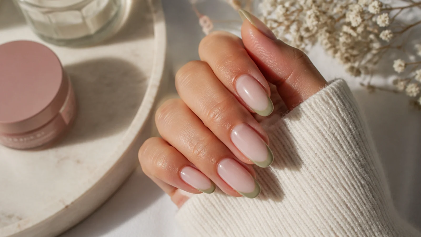 Long oval nails with soft sage green French tips over a milky nude base