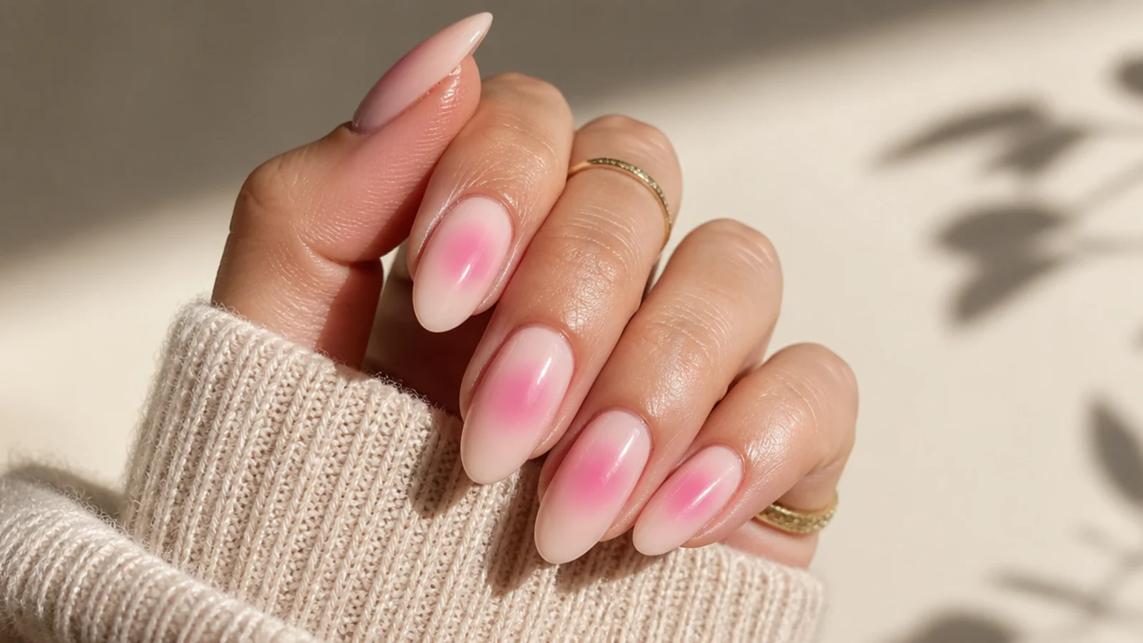 Long almond nails with a pink aura halo airbrushed into the center of a pale nude base