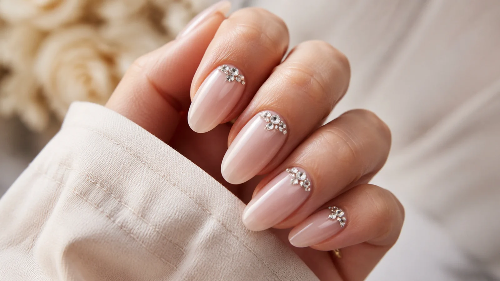 Long oval nails with clear crystal rhinestones clustered near the cuticle on a sheer base