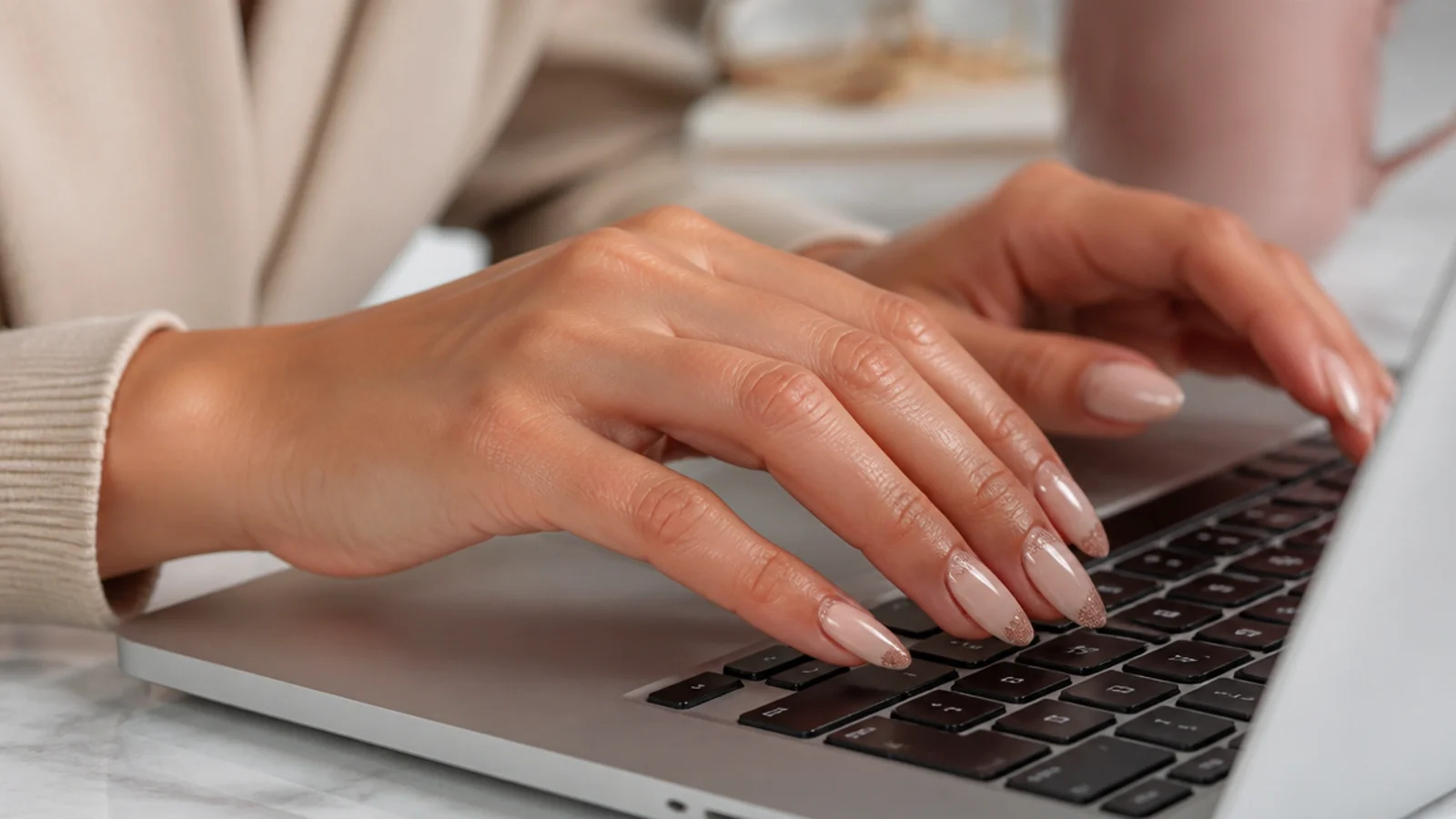 Hands with long oval nails typing on a laptop keyboard using the pads of the fingers