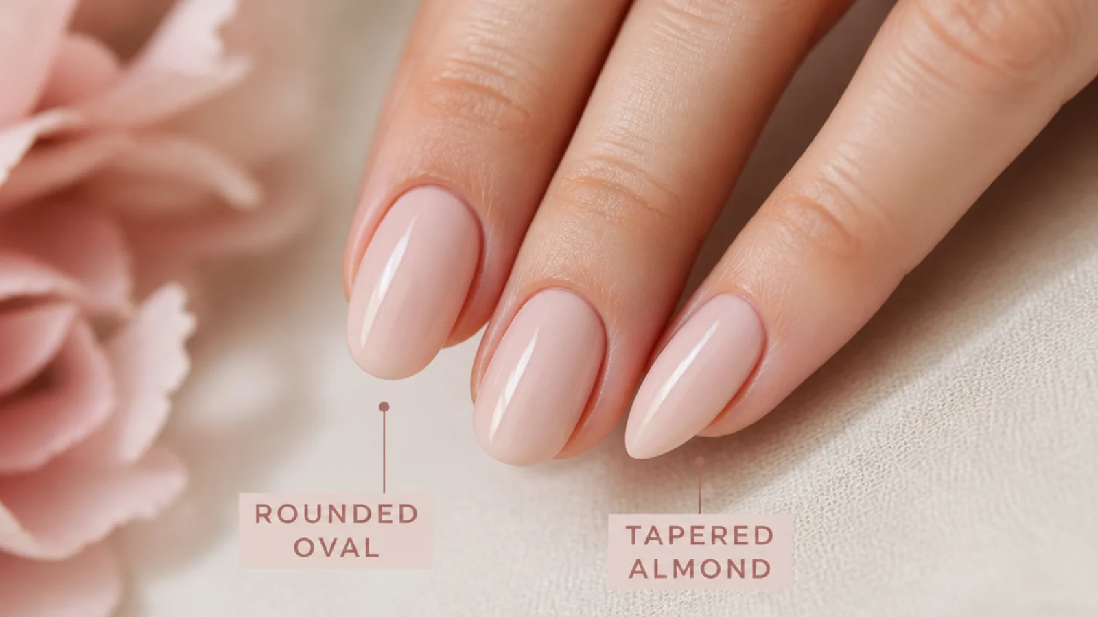 Close-up comparing a rounded oval nail tip and a tapered almond nail point at long length