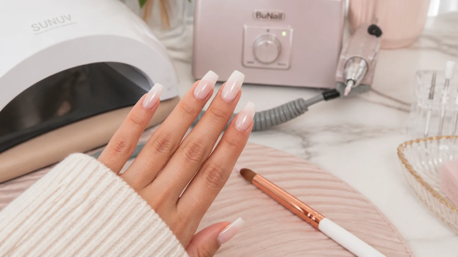 Nail salon station with acrylic brush, e-file and lamp set up for a long nail fill appointment