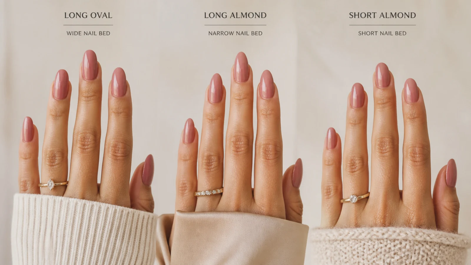 Three hands compared showing wide, narrow and short nail beds with long oval and almond shapes