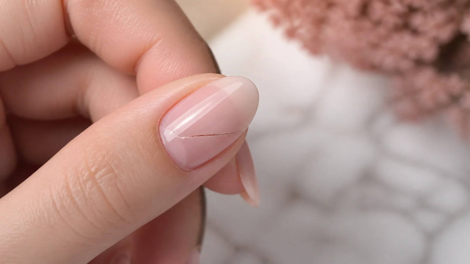 Long almond nail showing a diagonal stress crack running from the sidewall toward the point
