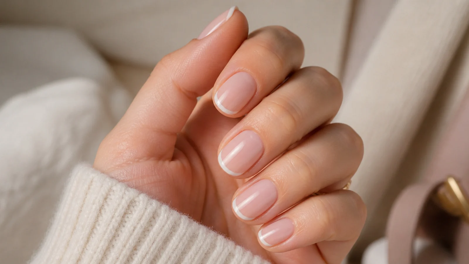 Short oval nails with a hairline white micro french tip painted along the rounded free edge