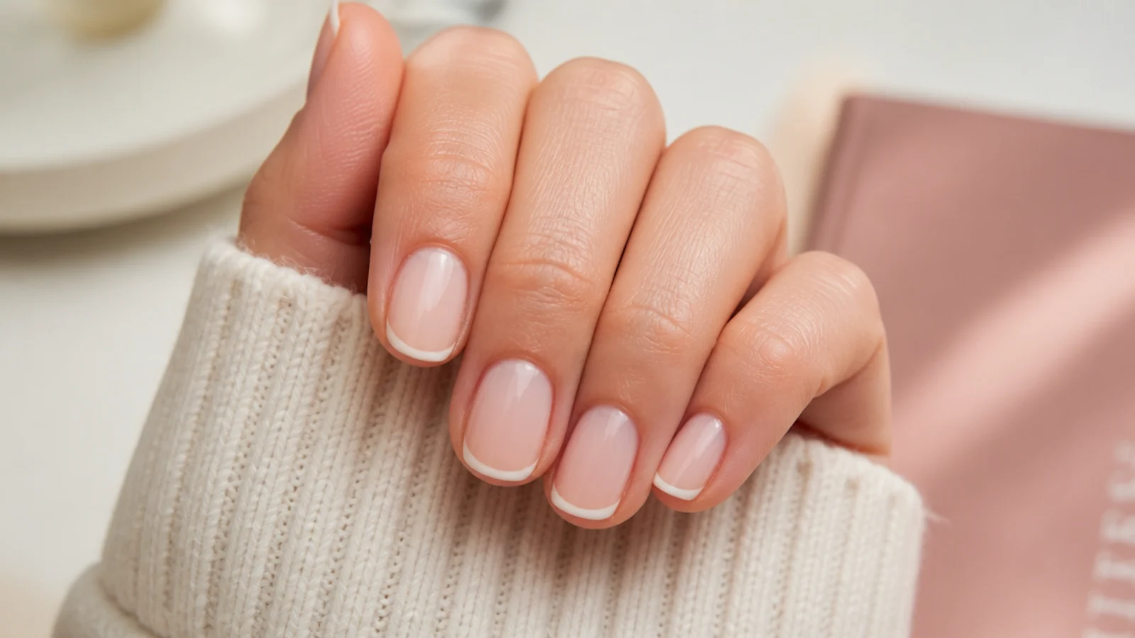 Short oval french tip nails with a 2mm cream tip band on a milky nude base