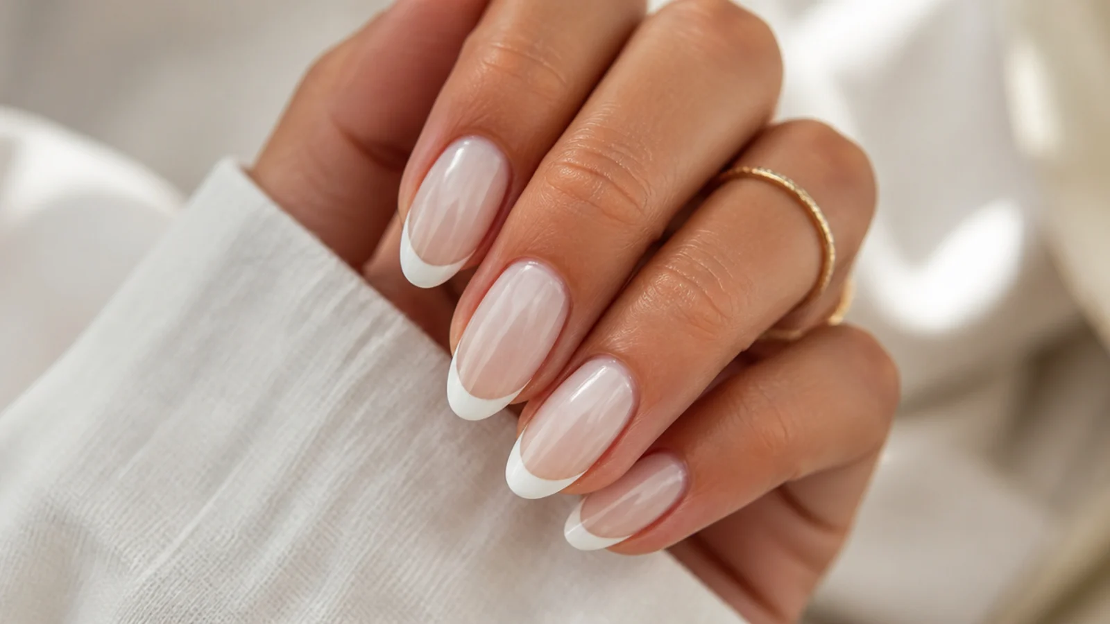 Oval french tip nails with a cloudy milky white base and a brighter white curved tip