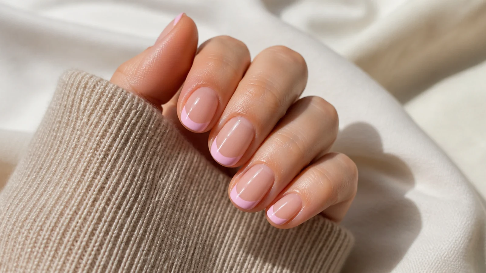 Oval nails with a pale baby pink curved french tip over a clear glossy base