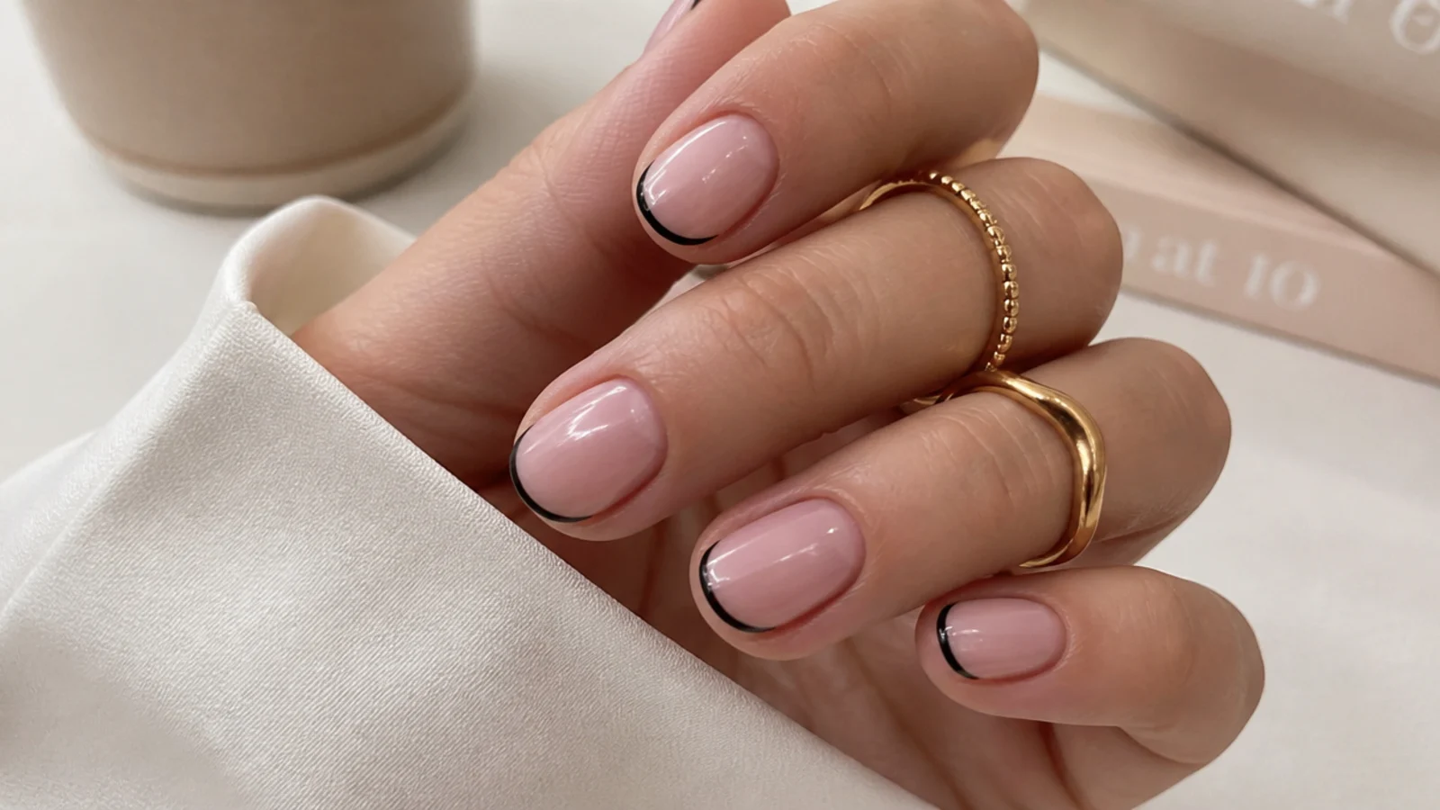 Short oval nails with a thin black micro french tip line on a bare natural nail