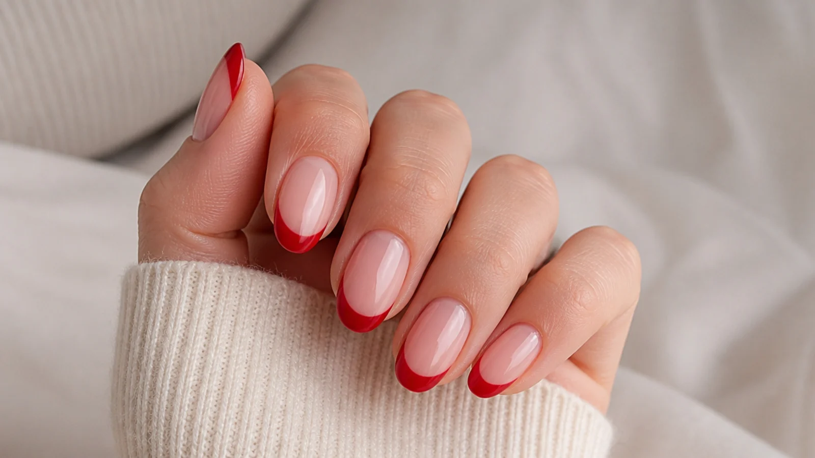 Oval nails with a glossy blue-based cherry red curved french tip over a sheer pink base