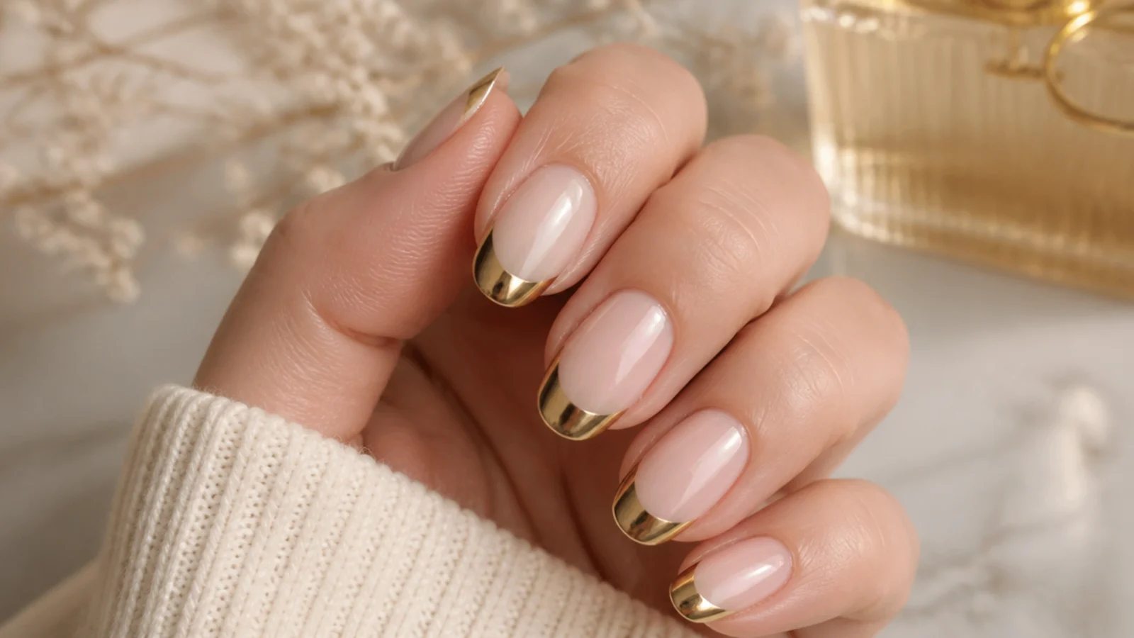 Oval nails with a gold chrome mirror french tip buffed over a milky nude base