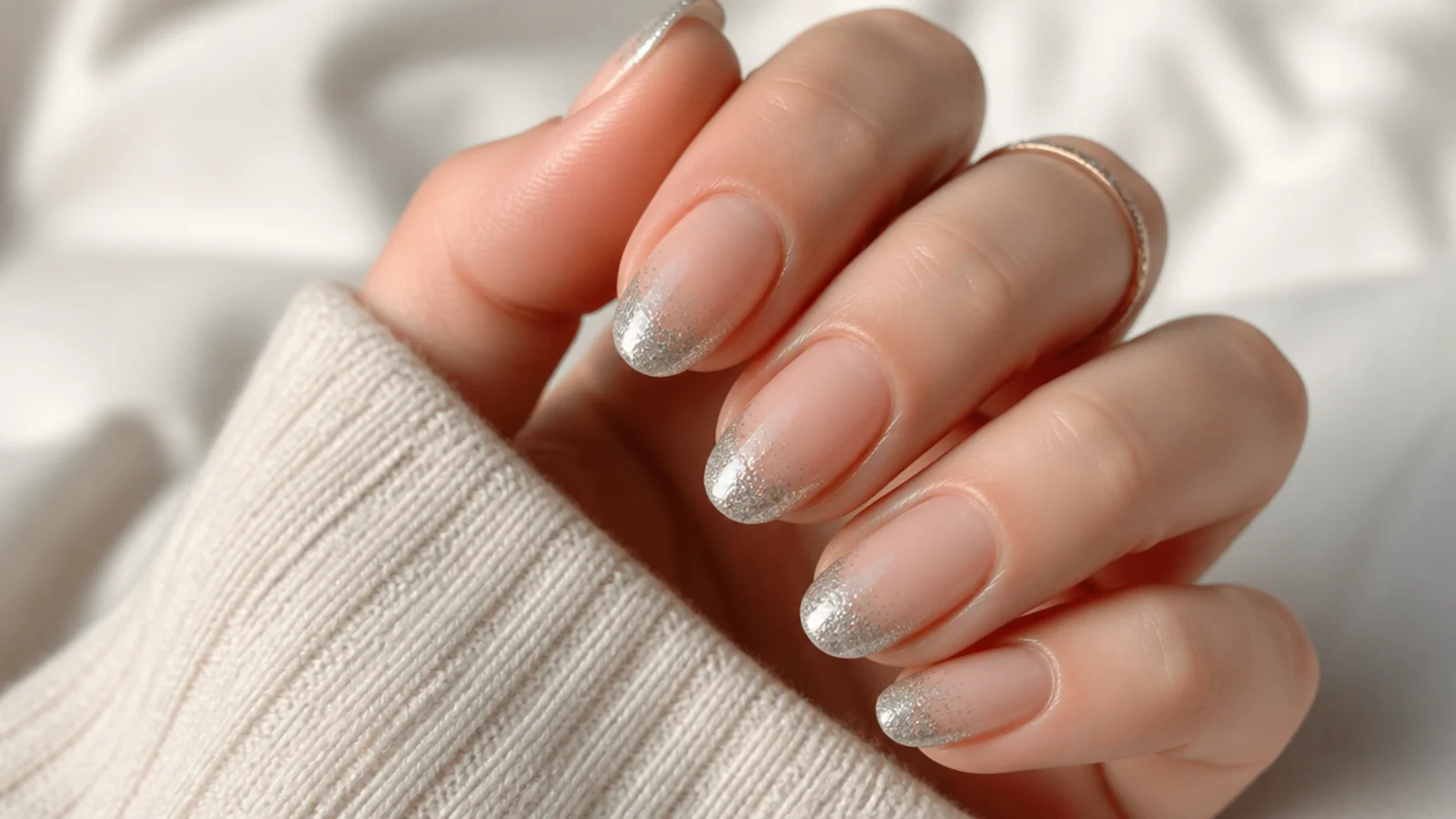 Oval french tip nails with a silver glitter tip fading softly toward a nude base