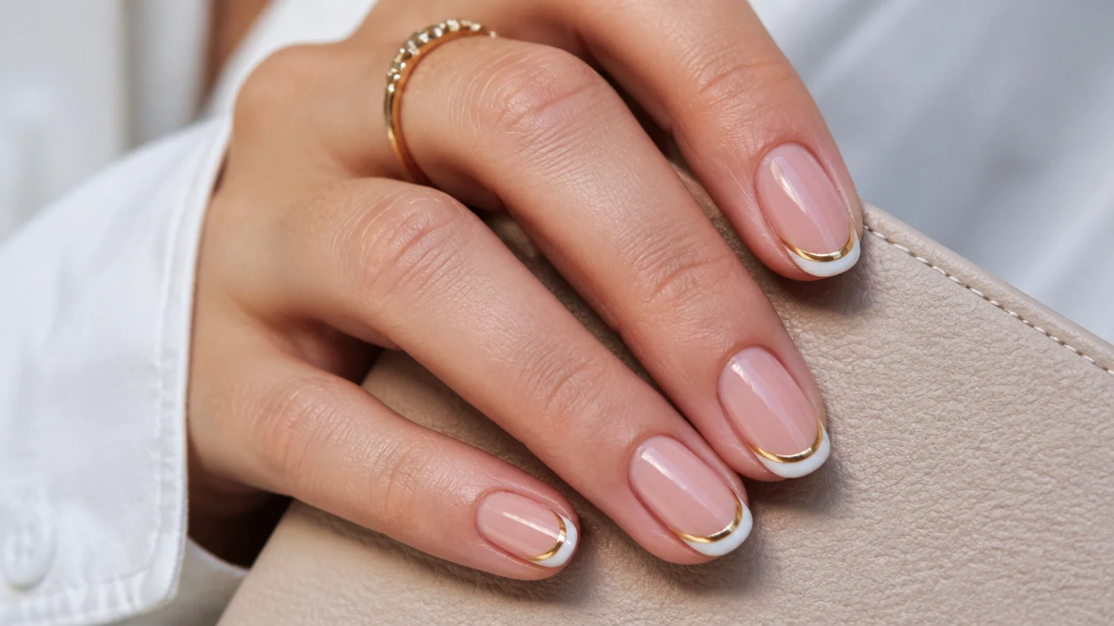 Oval nails with two stacked french tip lines in white and gold following the rounded edge