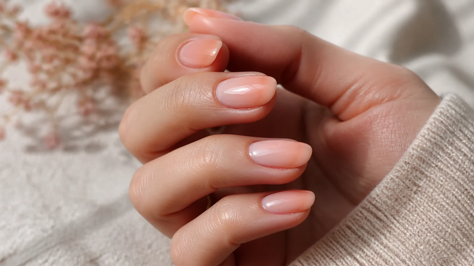 Oval nails with a blurred airbrushed peach aura french tip fading into a sheer base