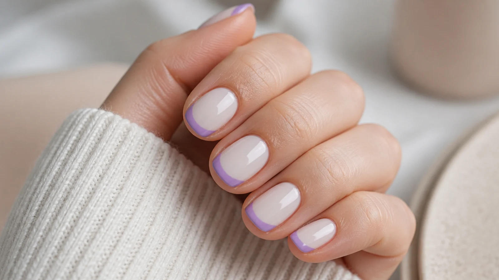 Short oval nails with a soft lavender curved french tip over a milky white base