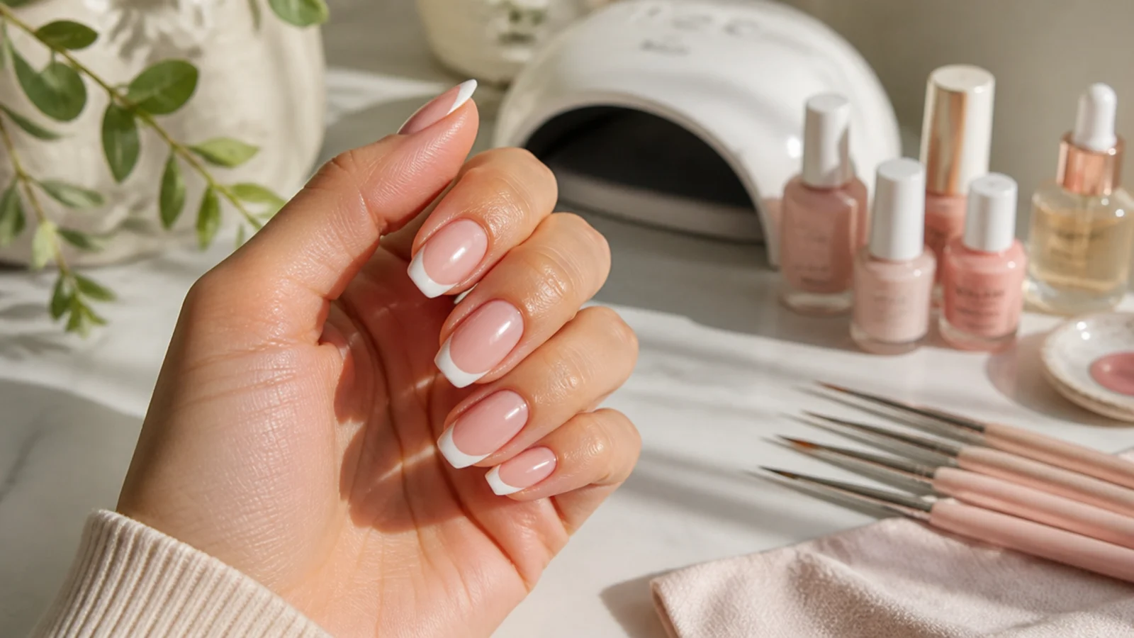 Nail salon table with liner brushes polish bottles and a lamp set up for an oval french manicure