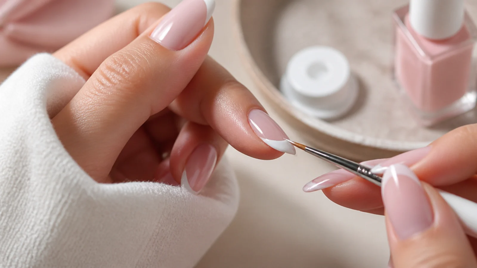 Hand painting a curved white french tip on an oval nail with a thin liner brush