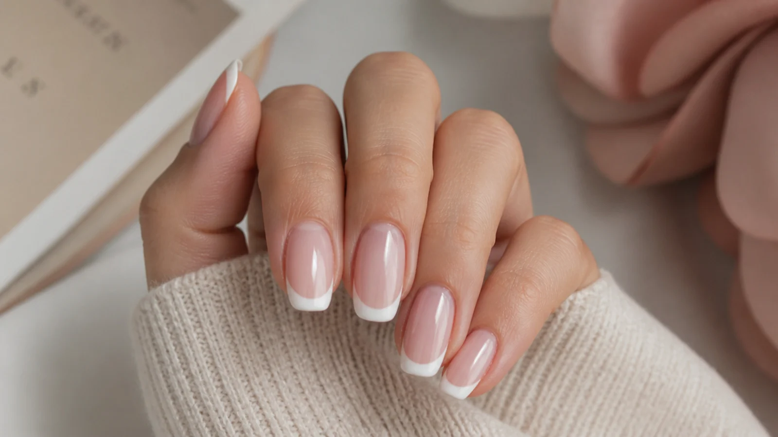 Medium length oval french tip nails with a thin white curved smile line over a sheer pink base