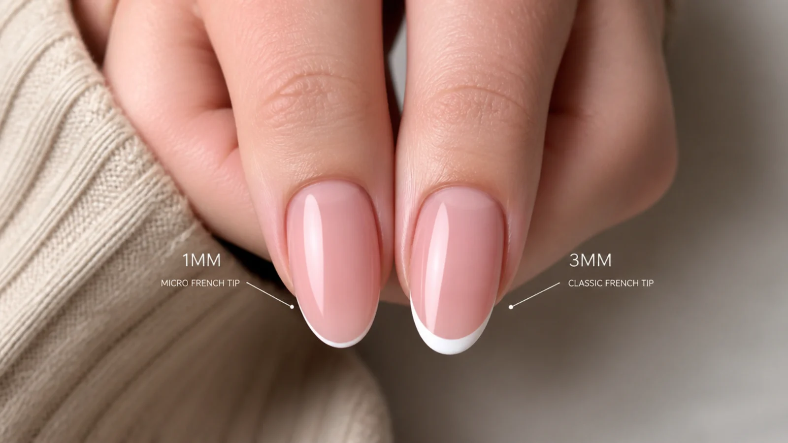 Two oval nails side by side comparing a 1mm micro french tip with a 3mm classic white tip