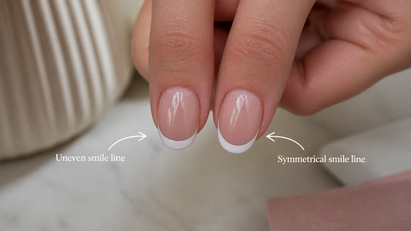 Two oval nails compared showing an uneven lopsided french smile line beside a clean symmetrical one