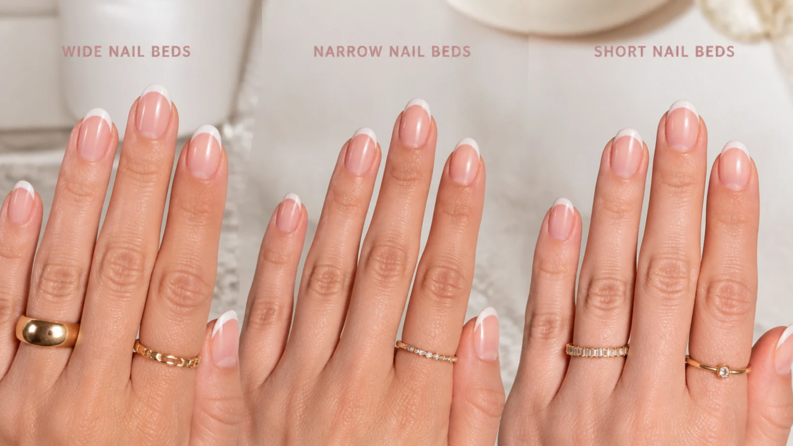 Three hands compared showing wide, narrow and short nail beds with oval french tips