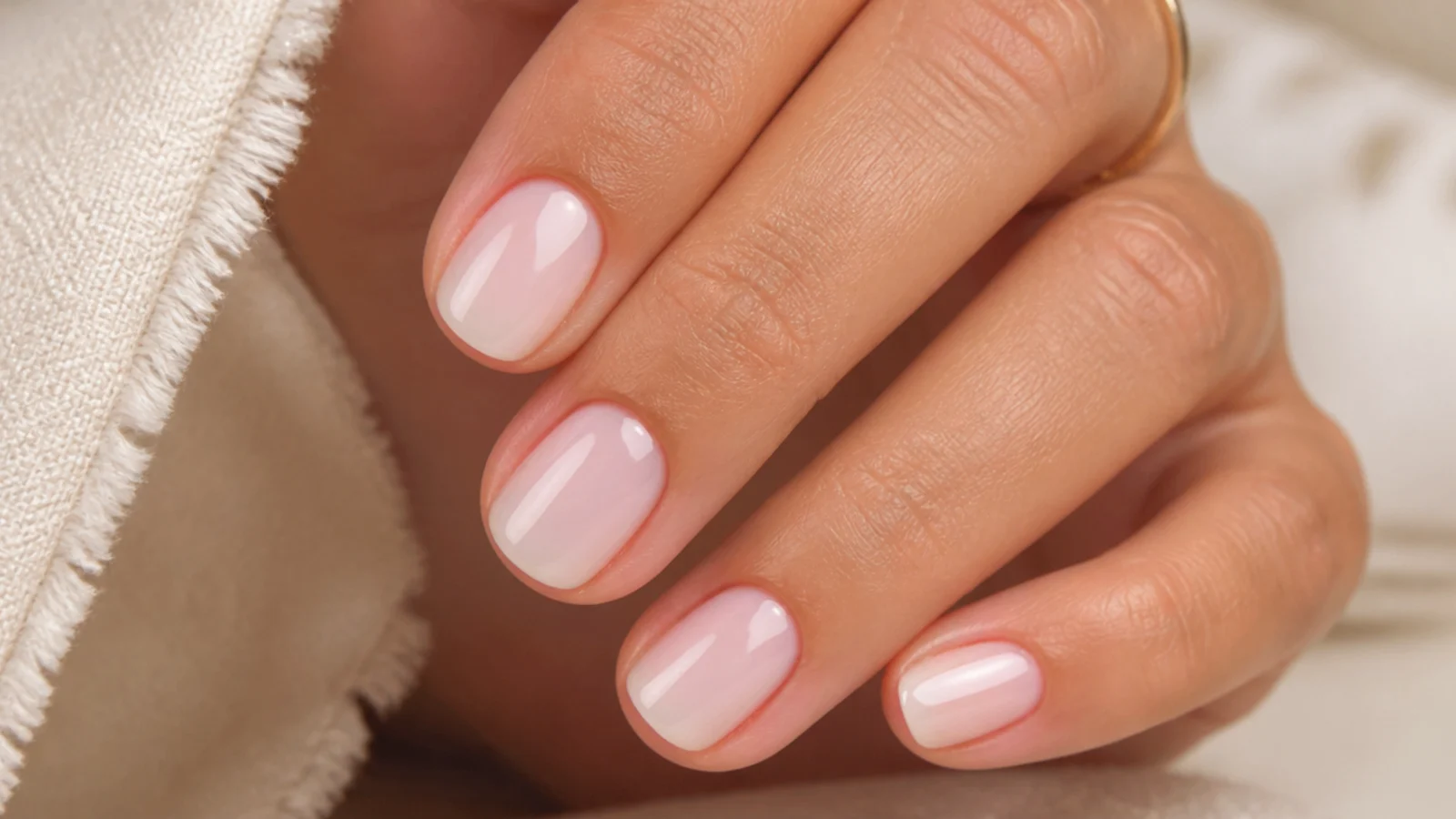 Very short oval nails with a sheer milky white gel overlay showing the natural nail underneath