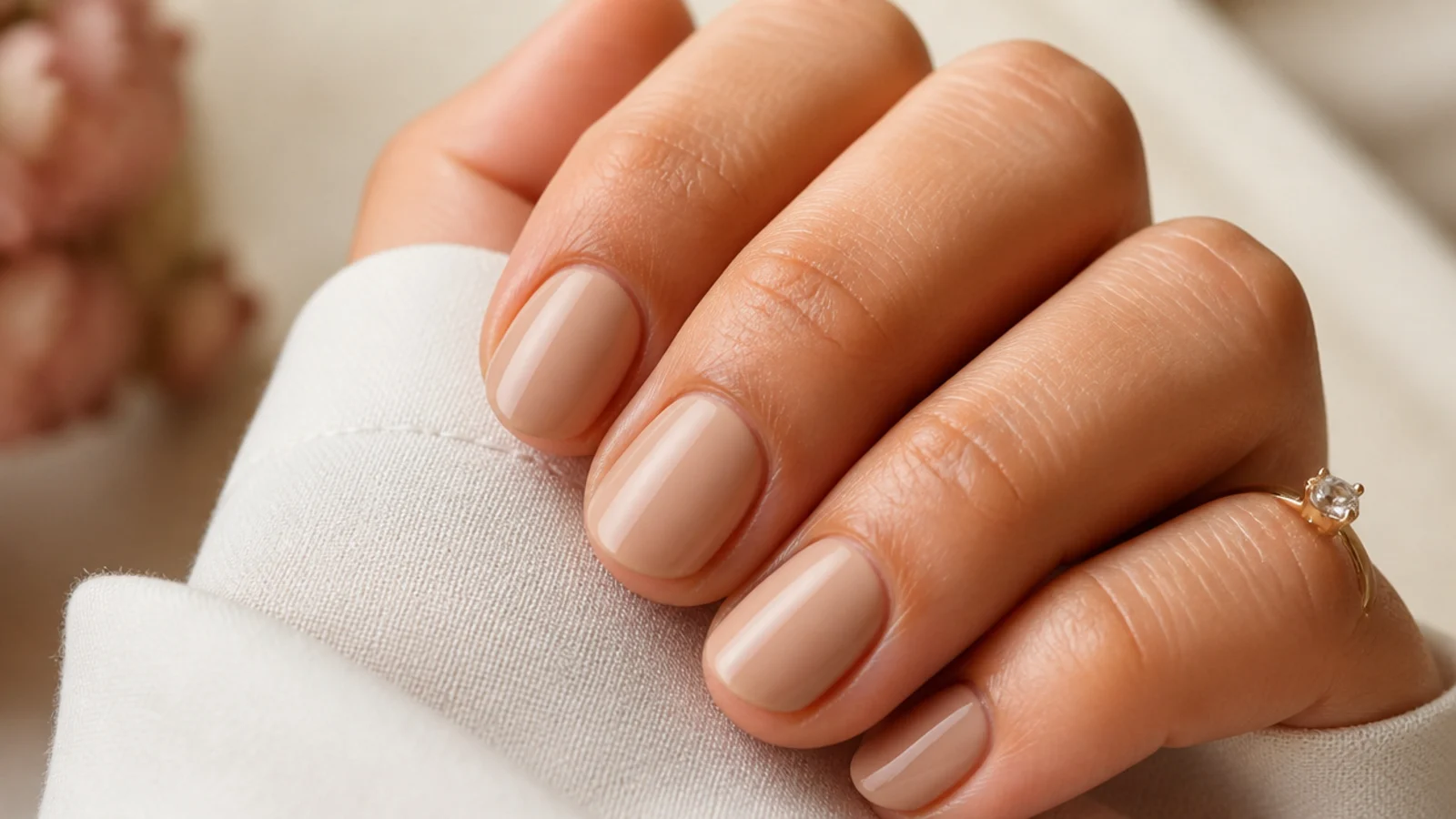 Short oval nails with an opaque nude gel overlay in a warm beige tone and a glossy finish