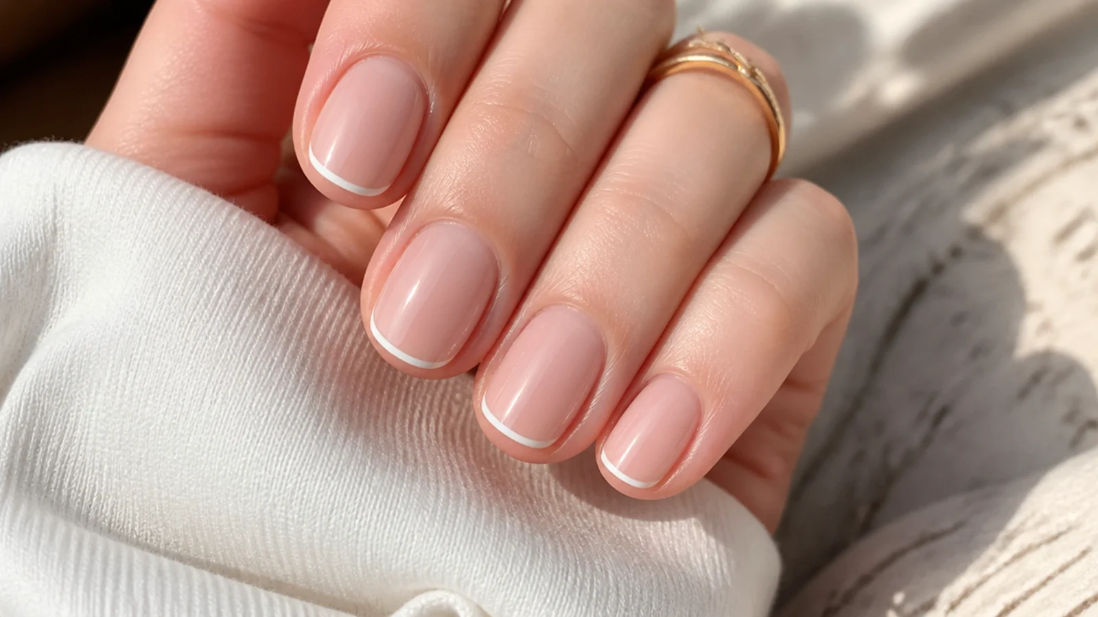 Very short oval nails with a hairline white micro French tip tracing the curved edge