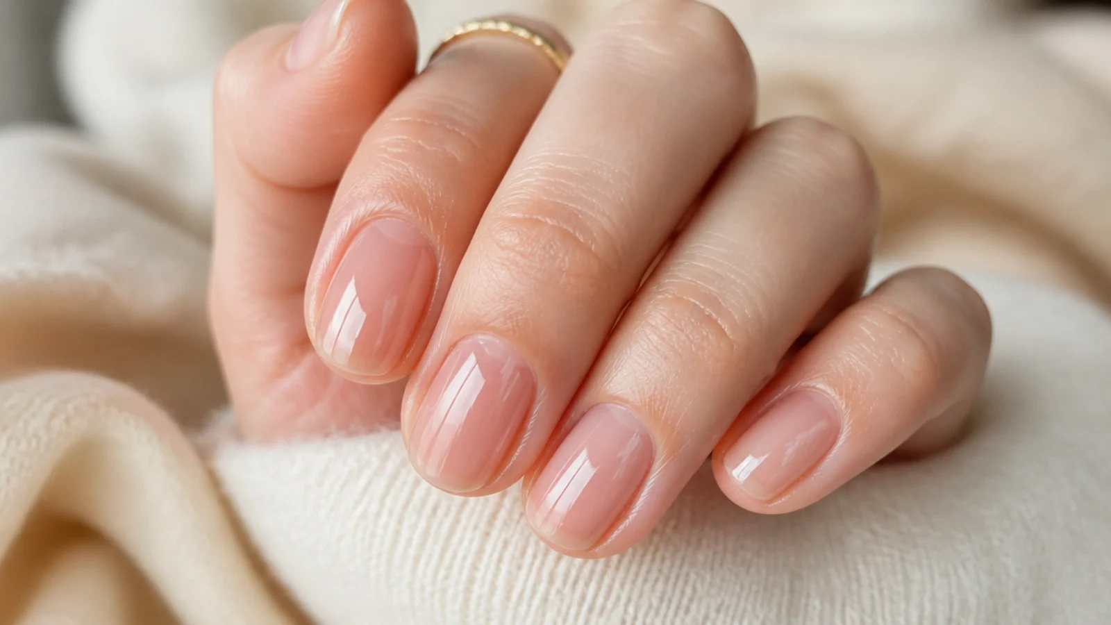 Short natural oval nails coated in a clear builder gel overlay with a thick glassy surface