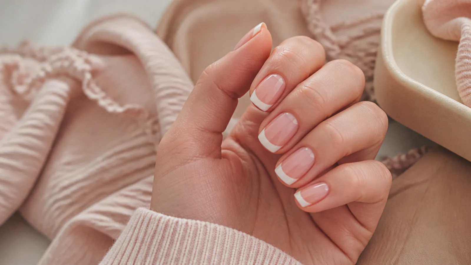 Short oval nails with a classic white French tip curving smoothly around the rounded edge