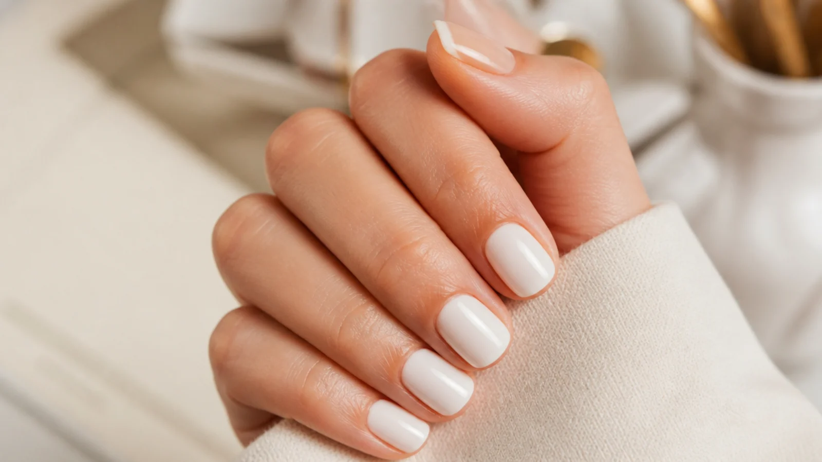 Short oval nails in an opaque milky white cream finish with a soft glossy shine