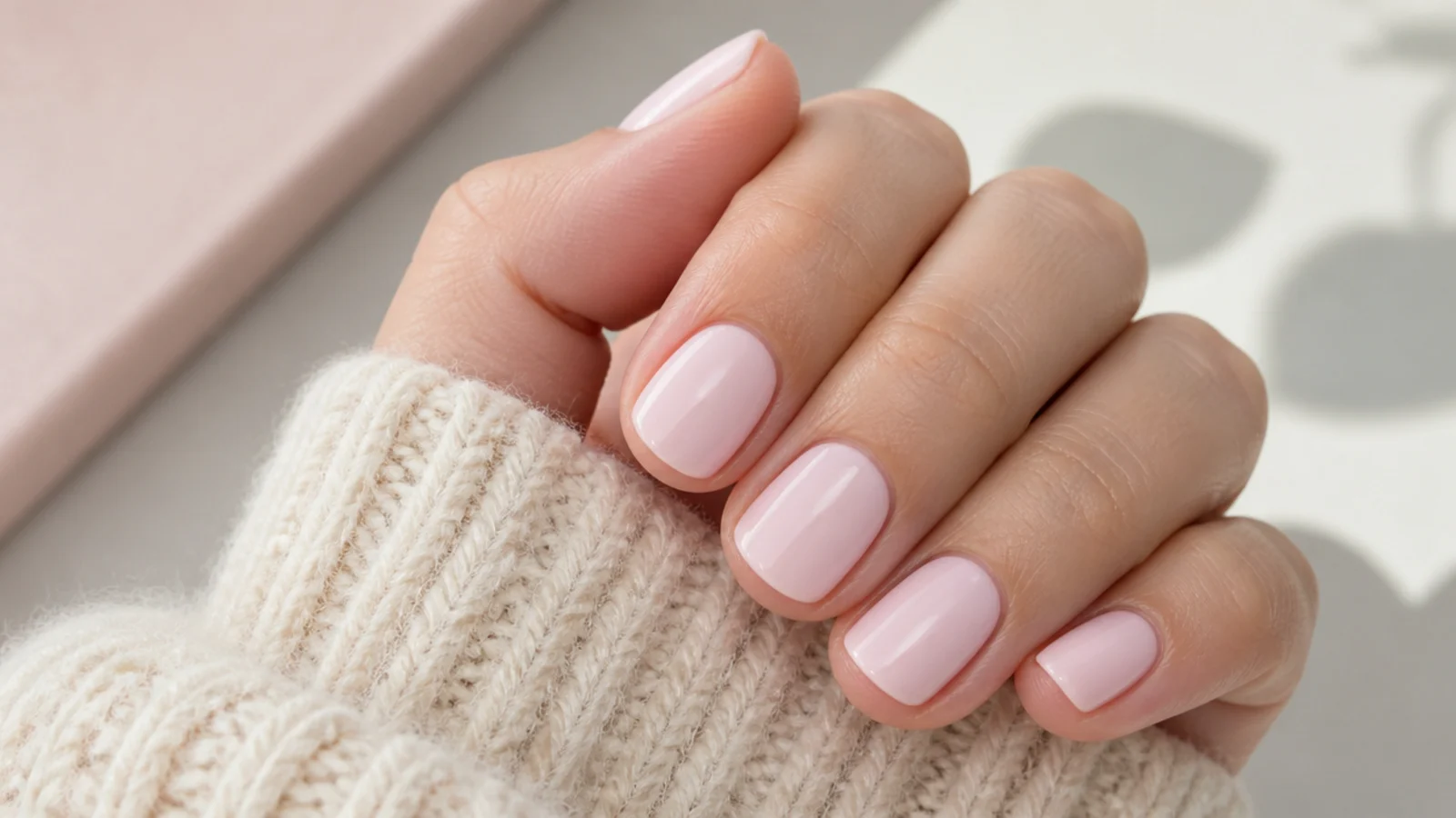 Short oval nails in a soft baby pink cream polish with a high gloss top coat