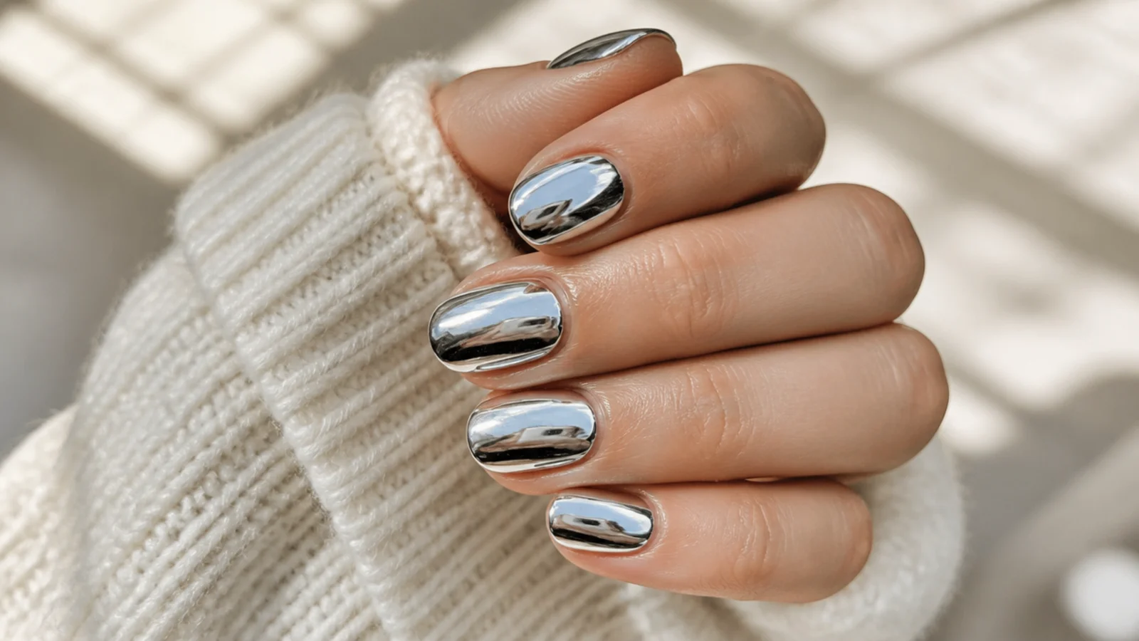 Short oval nails with a silver chrome mirror finish reflecting light across the curved tip