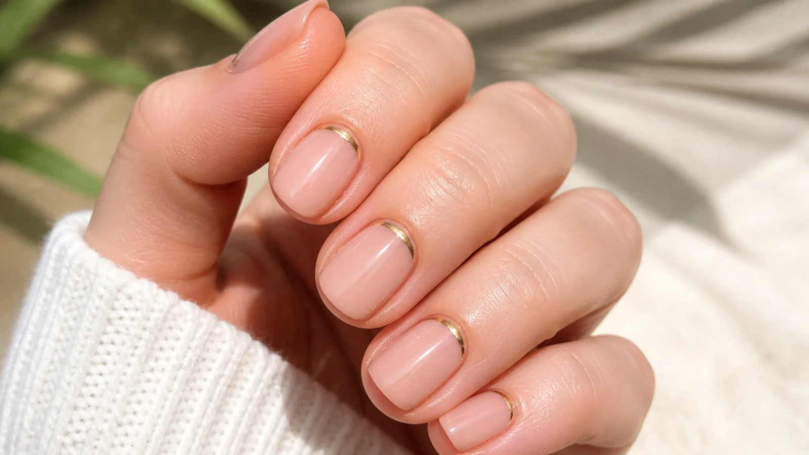 Short oval nails with a thin gold line painted along the curved cuticle edge on a nude base