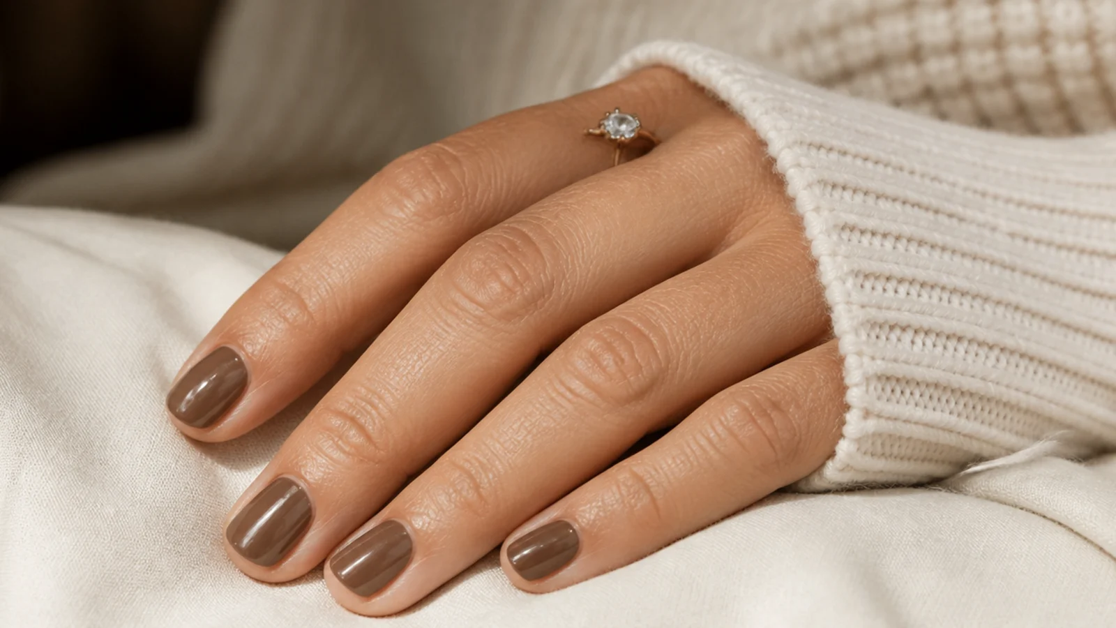 Short oval nails in a warm mocha brown cream finish with a subtle glossy sheen