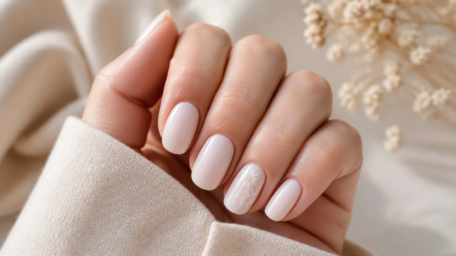 Medium oval nails in milky white with tiny hand-painted white daisies on two accent fingers
