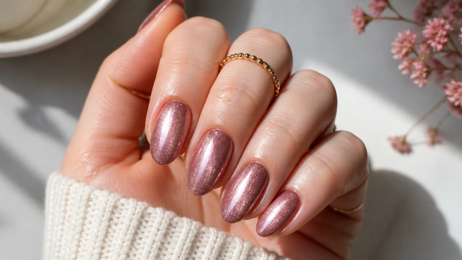Medium oval nails in a magnetic cat eye gel with a bright light streak running down each nail